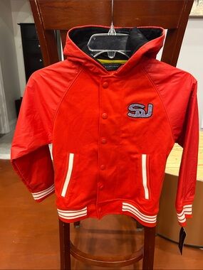 Sean John Red Hooded Varsity Jacket with White Trim